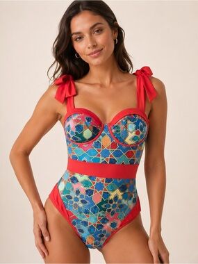 Boho Chic Geometric Mosaic Print Underwire One Piece Swimsuit and Wrap Skirt Set